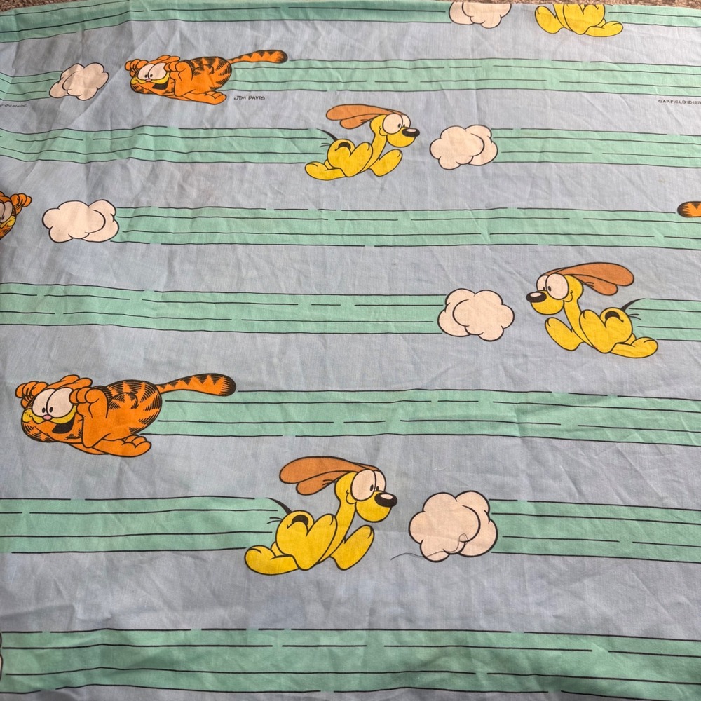 Garfield Fitted Sheet Full Blue 1978 Vintage Odie Cartoon Retro Bedding USA Made